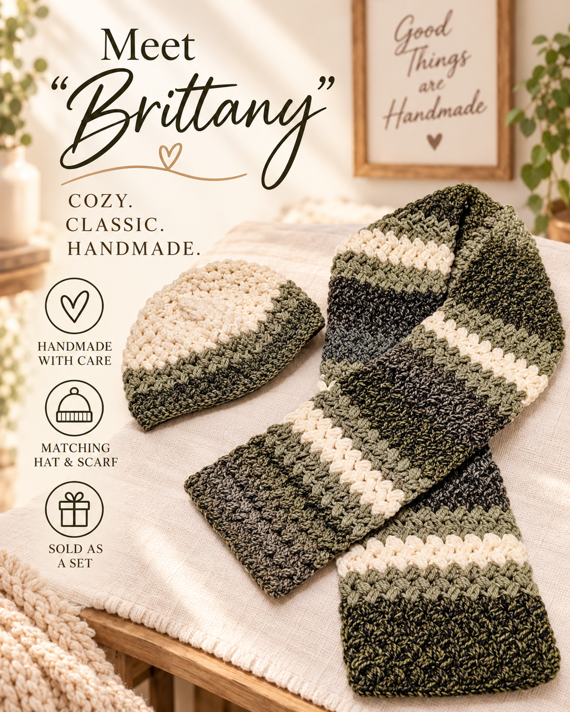 Meet Brittany — matching crochet hat and scarf set