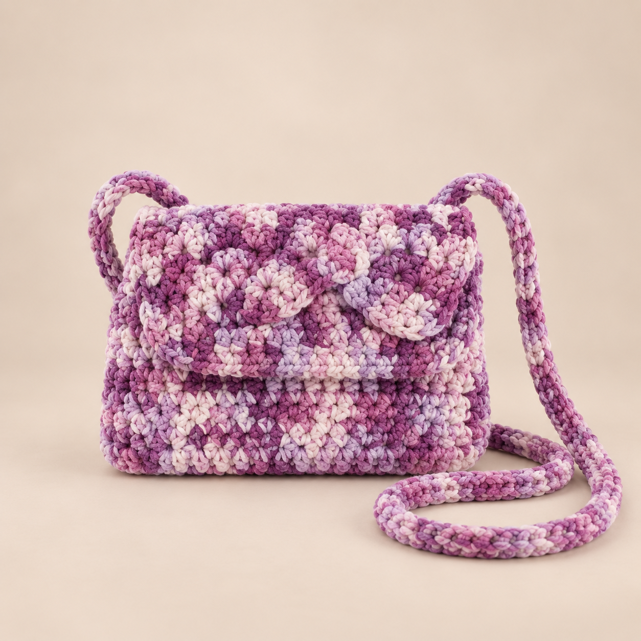 Crystal pink-and-purple multicolor crochet purse