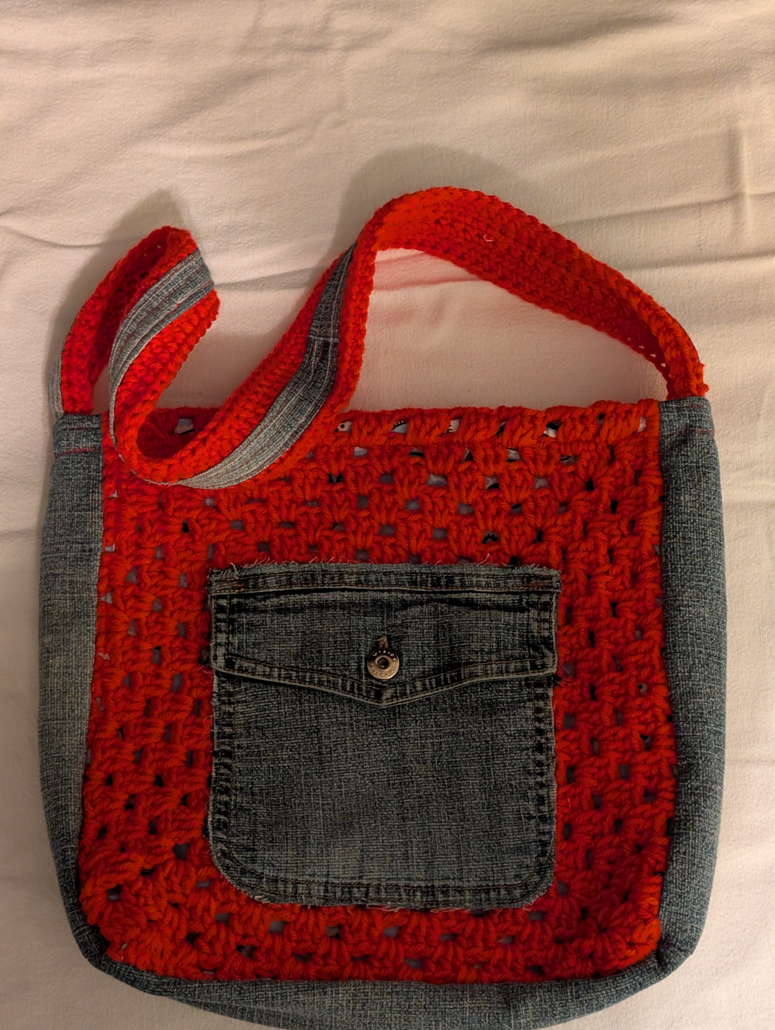 Ember orange crochet and denim tote, original photo