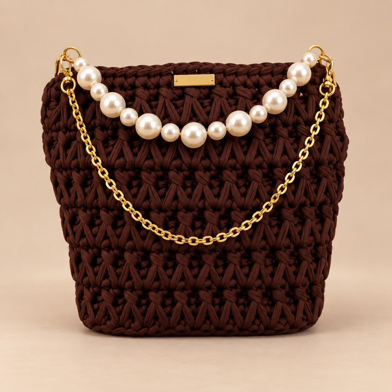 Cinnamon brown purse with pearl detail and gold-tone chain